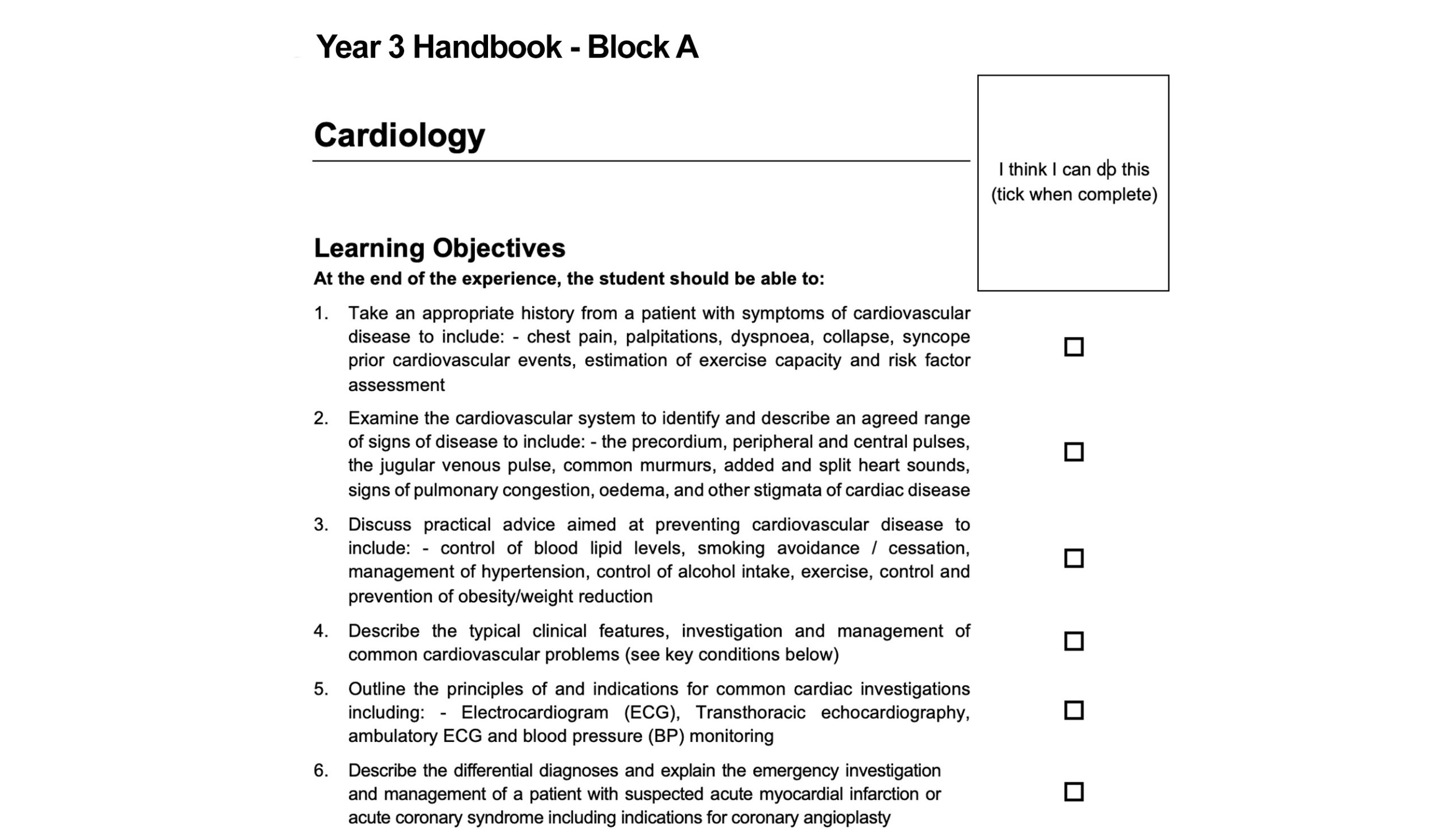 Cardiology learning objective in the curriculum handbook