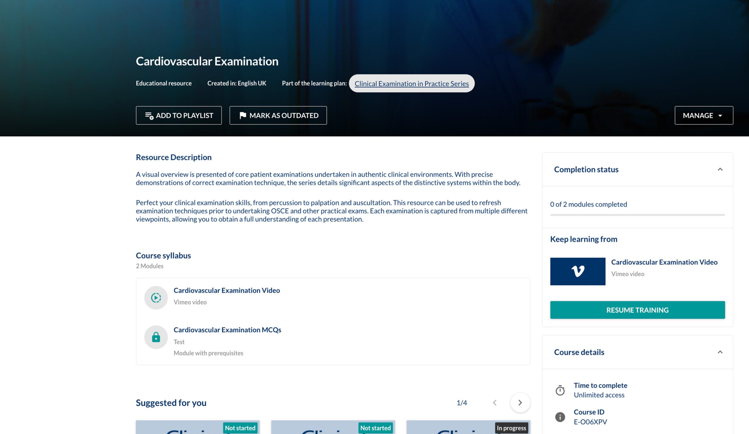 Cardiovascular Examination resource start page on LMS