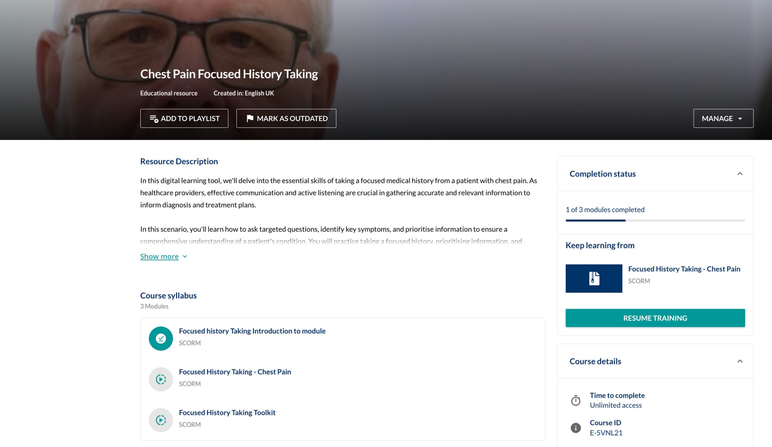 Chest Pain Focused History Taking resource start page on LMS